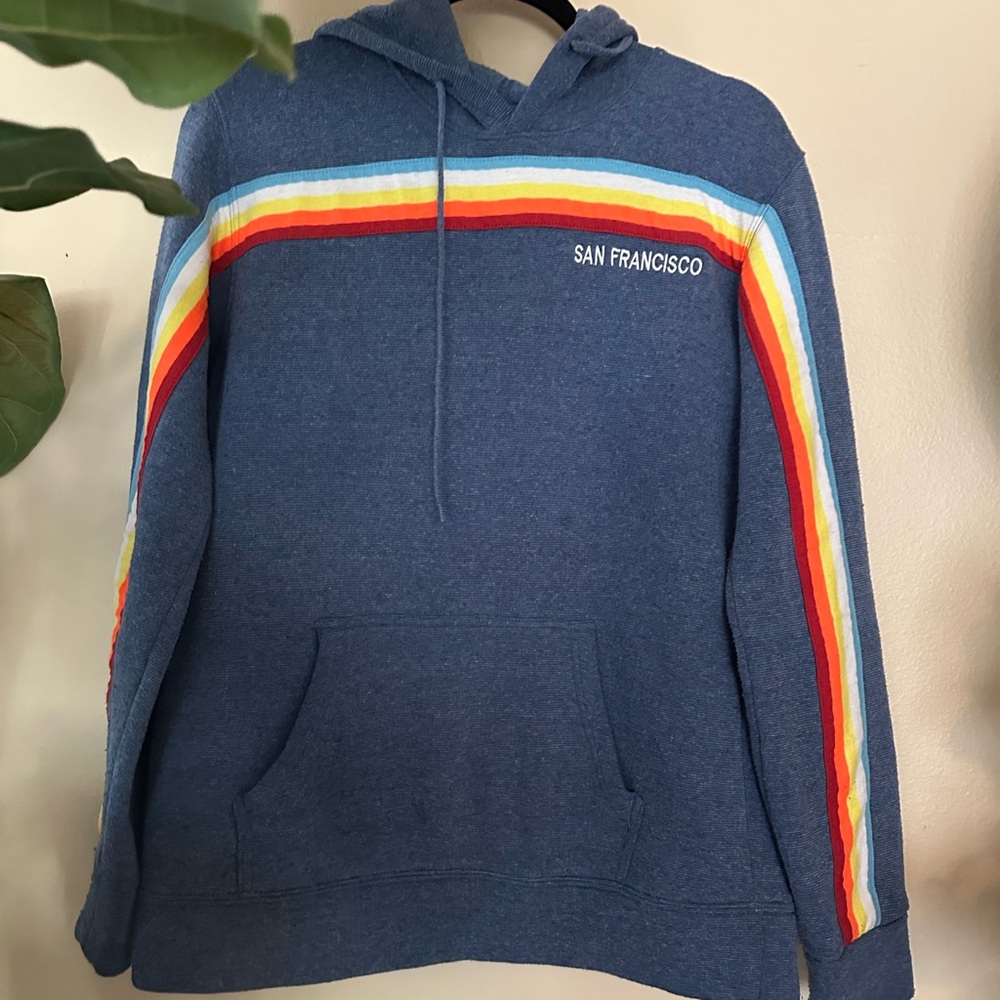 Women's Blue Hoodie with Rainbow Stripes